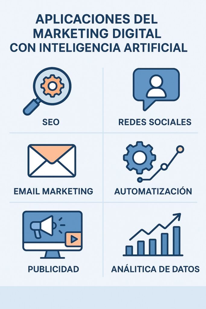 Aplicaciones del marketing digital con IA en SEO, redes sociales y automatización.