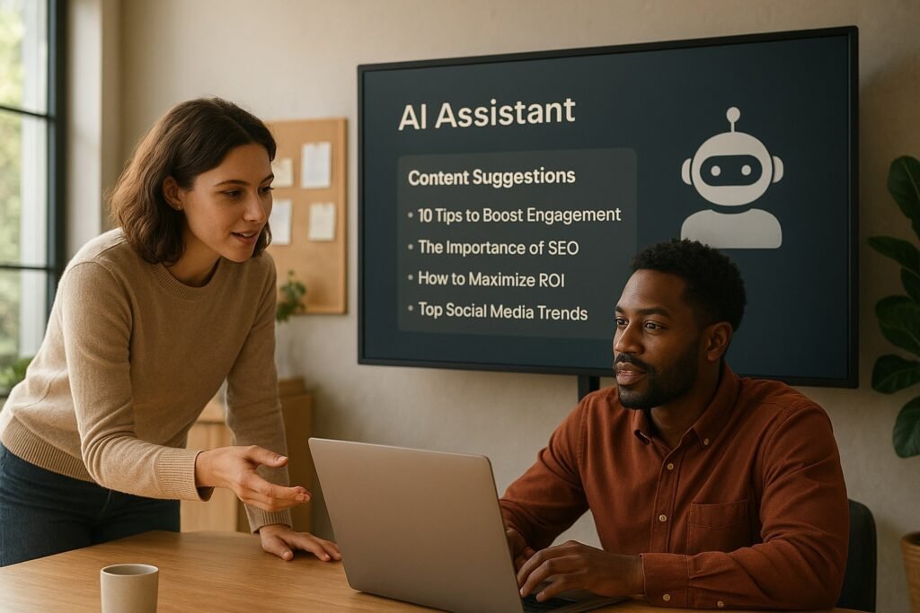 Colaboración de dos marketers en la aplicación de marketing de contenidos con IA.