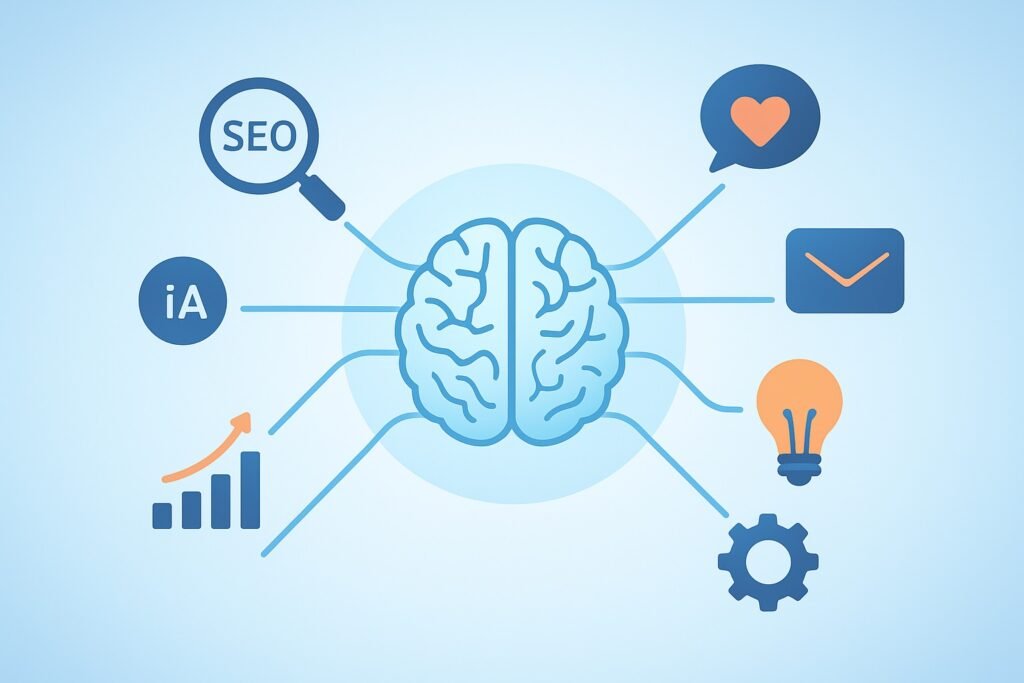 Ecosistema del marketing digital con inteligencia artificial y sus principales áreas conectadas.