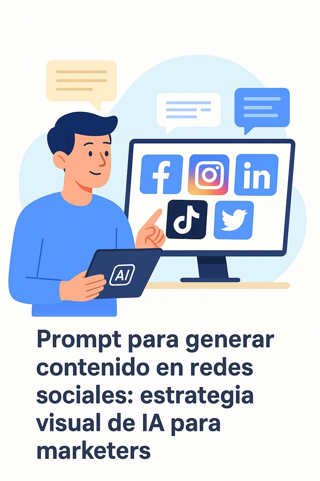 Marketer digital creando contenido con IA en varias redes sociales mediante un prompt para generar contenido en redes sociales.